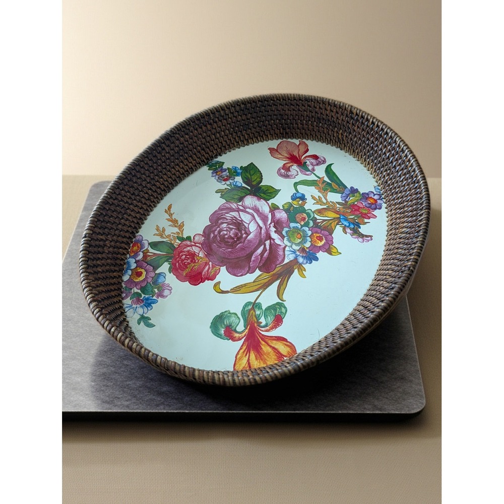 MacKenzie-Childs Flower Market Woven Rattan Enamel Oval Serving Tray Floral
